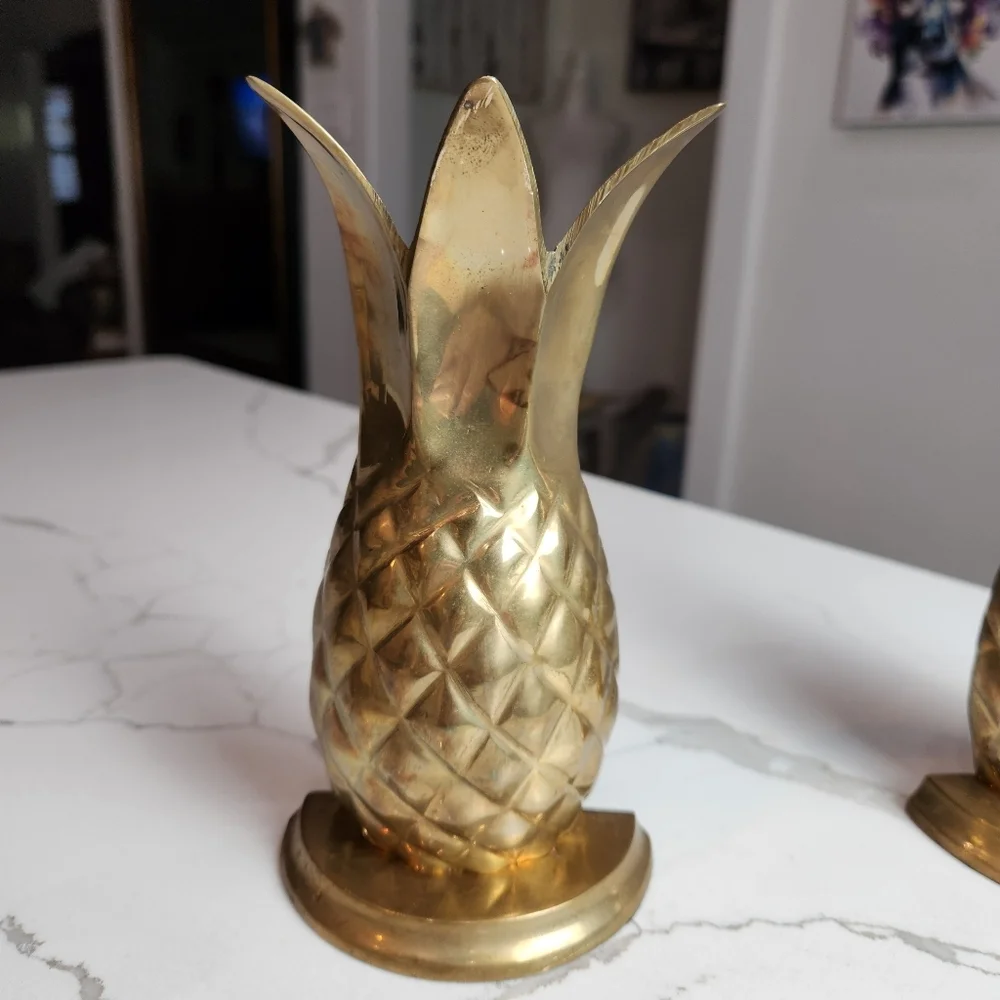 Vintage Brass Pineapple Bookends, Set Of 2, Mid Century, Fruit - Picture 3 of 6